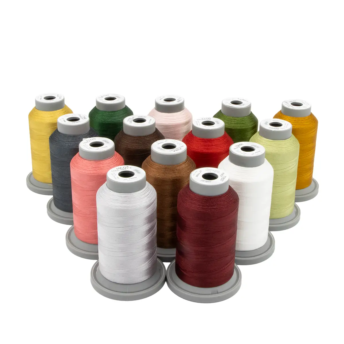 The Kimberbell Mistletoe Mystery Glide Thread Bundle by Hab+Dash by Fil Tec features thirteen large spools in assorted colors, ideal for machine embroidery. The spools are arranged in a semicircle on a white background.