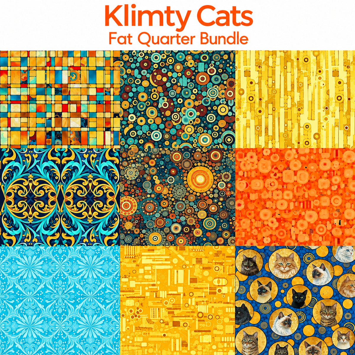 Klimty Cats fat quarter bundle Klimt-inspired art nouveau cat print fabric collection