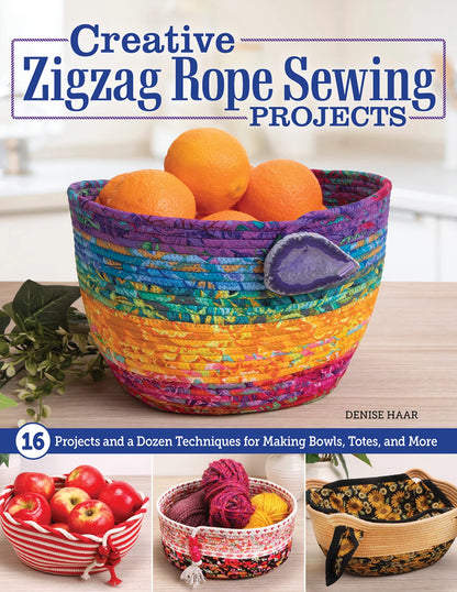 The cover of Creative Zigzag Rope Sewing by Checker Distributor shows a colorful zigzag-stitched rope bowl filled with oranges, plus smaller images of decorative bowls and a basket at the bottom.