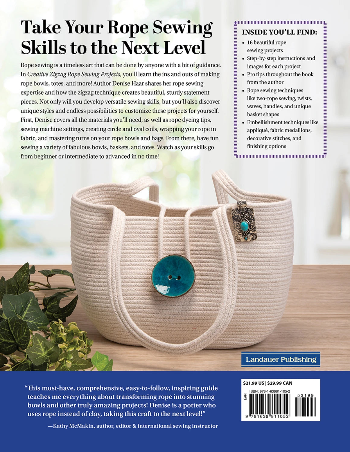 Back cover of Creative Zigzag Rope Sewing by Checker Distributor, showing a coiled rope bowl with turquoise button and clasp. Inside: rope projects, zigzag stitch tips, summary, praise, and what's included.