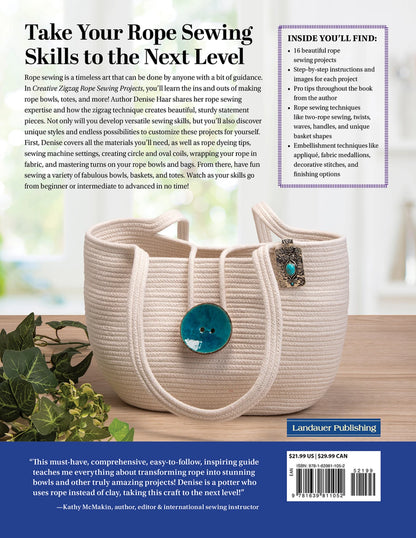 Back cover of Creative Zigzag Rope Sewing by Checker Distributor, showing a coiled rope bowl with turquoise button and clasp. Inside: rope projects, zigzag stitch tips, summary, praise, and what's included.
