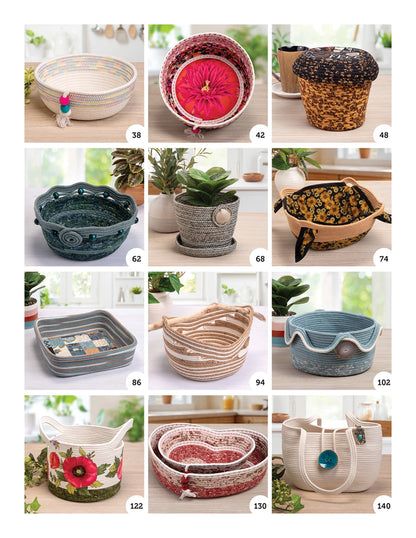 A grid of twelve handmade baskets from Checker Distributor's Creative Zigzag Rope Sewing, each uniquely shaped, colored, and patterned—many with zigzag stitching—and shown with size numbers and decorated with buttons, flowers, or plants.