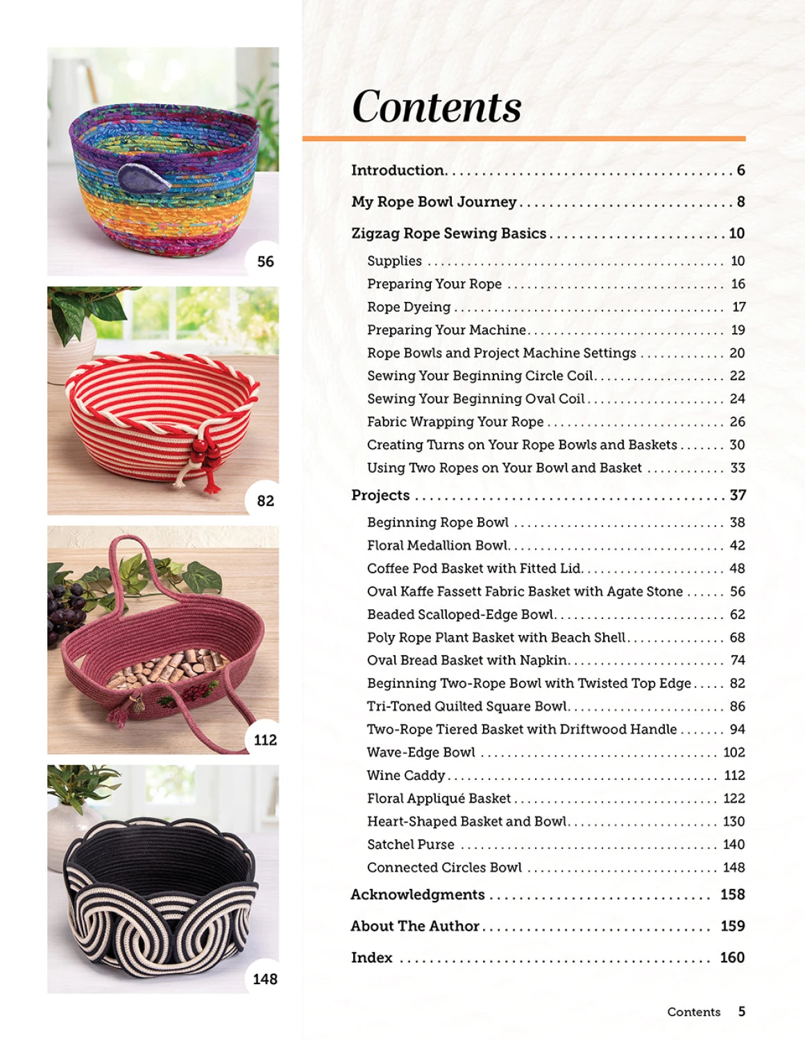 The contents page of "Creative Zigzag Rope Sewing" by Checker Distributor features a colorful coiled bowl above red, white, and black rope bowls with detailed chapter listings—perfect inspiration for your next zigzag stitch or rope project.