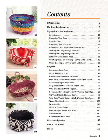 The contents page of "Creative Zigzag Rope Sewing" by Checker Distributor features a colorful coiled bowl above red, white, and black rope bowls with detailed chapter listings—perfect inspiration for your next zigzag stitch or rope project.