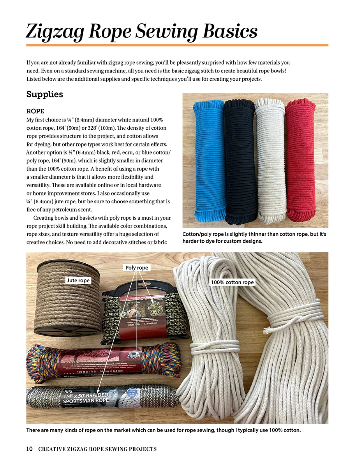 A magazine page titled Creative Zigzag Rope Sewing by Checker Distributor displays coiled rope bowls, red and blue sample ropes, close-up cotton rope images, and text on supplies, zigzag stitching techniques, and tips for DIY rope projects.