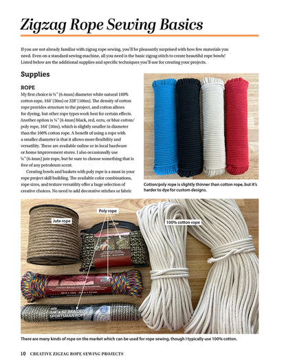 A magazine page titled Creative Zigzag Rope Sewing by Checker Distributor displays coiled rope bowls, red and blue sample ropes, close-up cotton rope images, and text on supplies, zigzag stitching techniques, and tips for DIY rope projects.