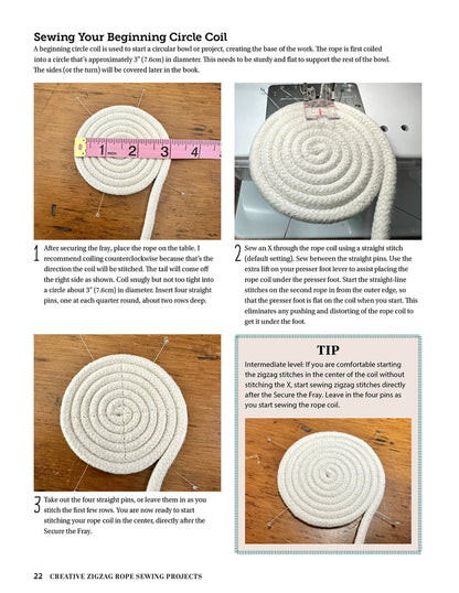 Creative Zigzag Rope Sewing by Checker Distributor provides step-by-step images to show how to secure and sew a flat, round rope coil using rope, pins, a ruler, and a sewing machine with a zigzag stitch for your next project.