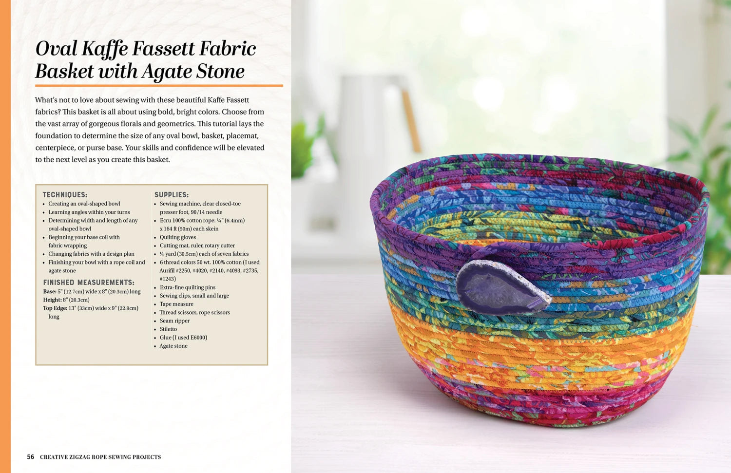 A vibrant, multicolored oval fabric basket—crafted using Checker Distributor’s Creative Zigzag Rope Sewing and embellished with a purple agate stone—rests on a light surface beside instructions and supplies for creative rope projects.