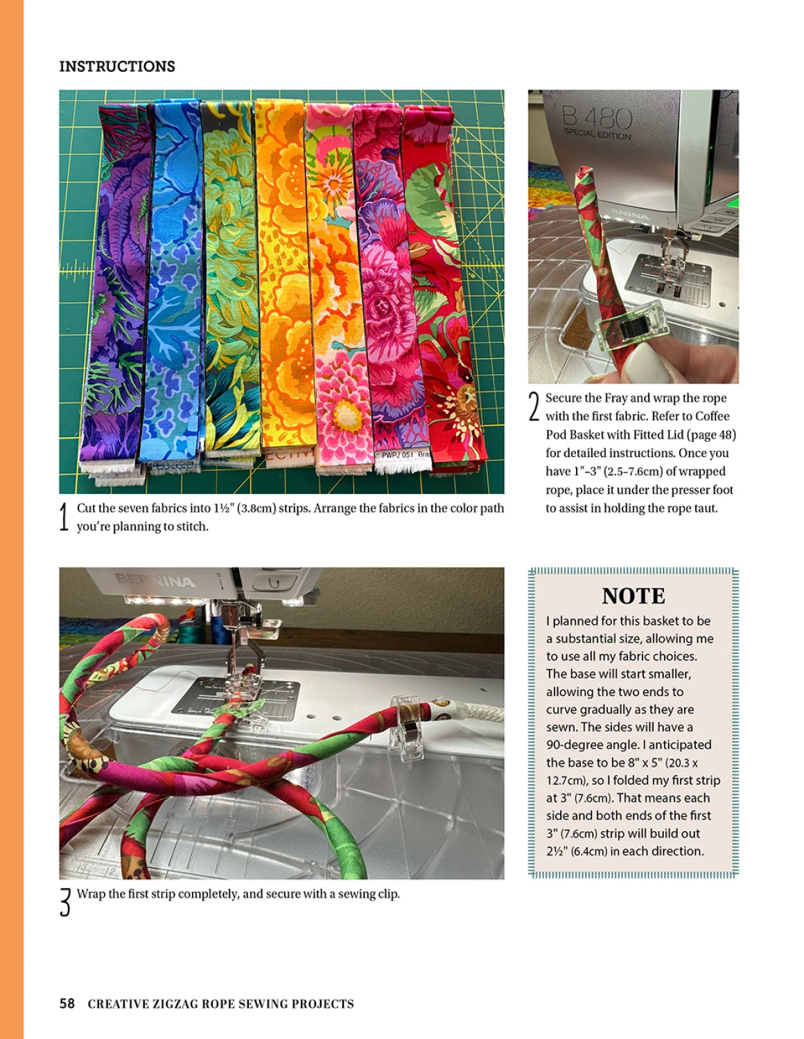 The Checker Distributor Creative Zigzag Rope Sewing tutorial features numbered photos and detailed instructions for sewing colorful fabric strips to rope with a zigzag stitch, plus text boxes offering extra tips and notes for creative projects.
