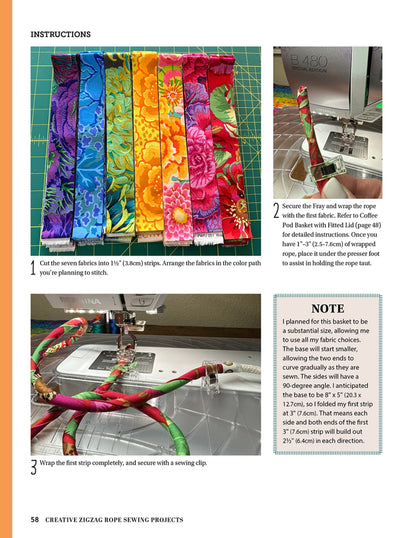 The Checker Distributor Creative Zigzag Rope Sewing tutorial features numbered photos and detailed instructions for sewing colorful fabric strips to rope with a zigzag stitch, plus text boxes offering extra tips and notes for creative projects.