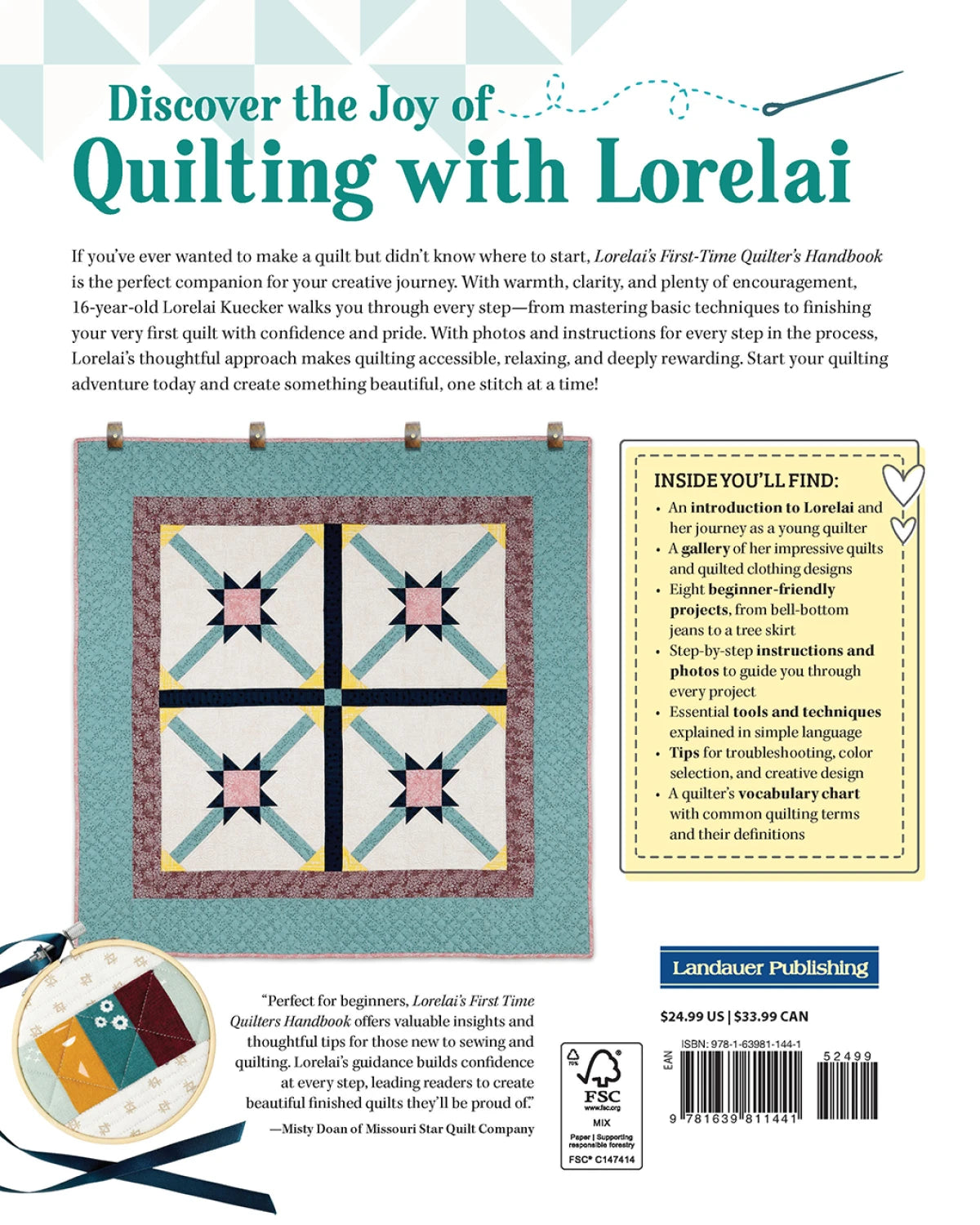 The back cover of Lorelai's First-Time Quilter's Handbook by Checker Distributor features a geometric quilt design, modern quilting info, a summary box with beginner topics, endorsements, and the Checker Distributor logo at the bottom.