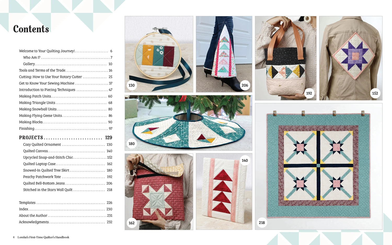 The contents page of Lorelai's First-Time Quilter's Handbook by Checker Distributor lists quilting topics and projects alongside photos of quilted bags, a Christmas tree skirt, wall hangings, and a jacket.