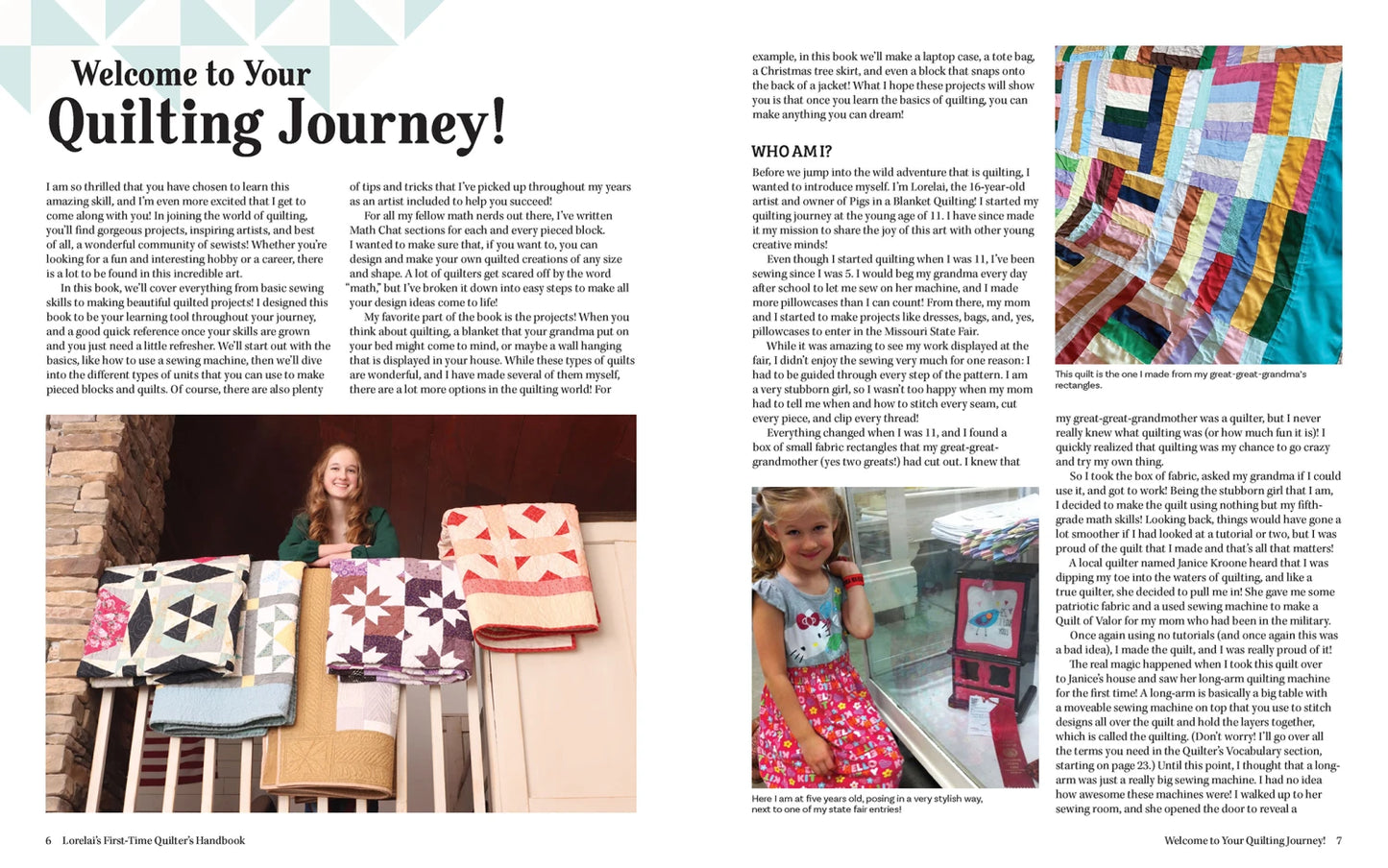 Discover inspiration for beginners in a two-page spread: "Welcome to Your Quilting Journey!" featuring smiling quilters and tips from Lorelai's First-Time Quilter's Handbook by Checker Distributor—your perfect modern quilting guide.