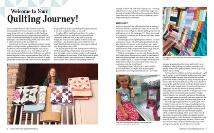 Discover inspiration for beginners in a two-page spread: "Welcome to Your Quilting Journey!" featuring smiling quilters and tips from Lorelai's First-Time Quilter's Handbook by Checker Distributor—your perfect modern quilting guide.