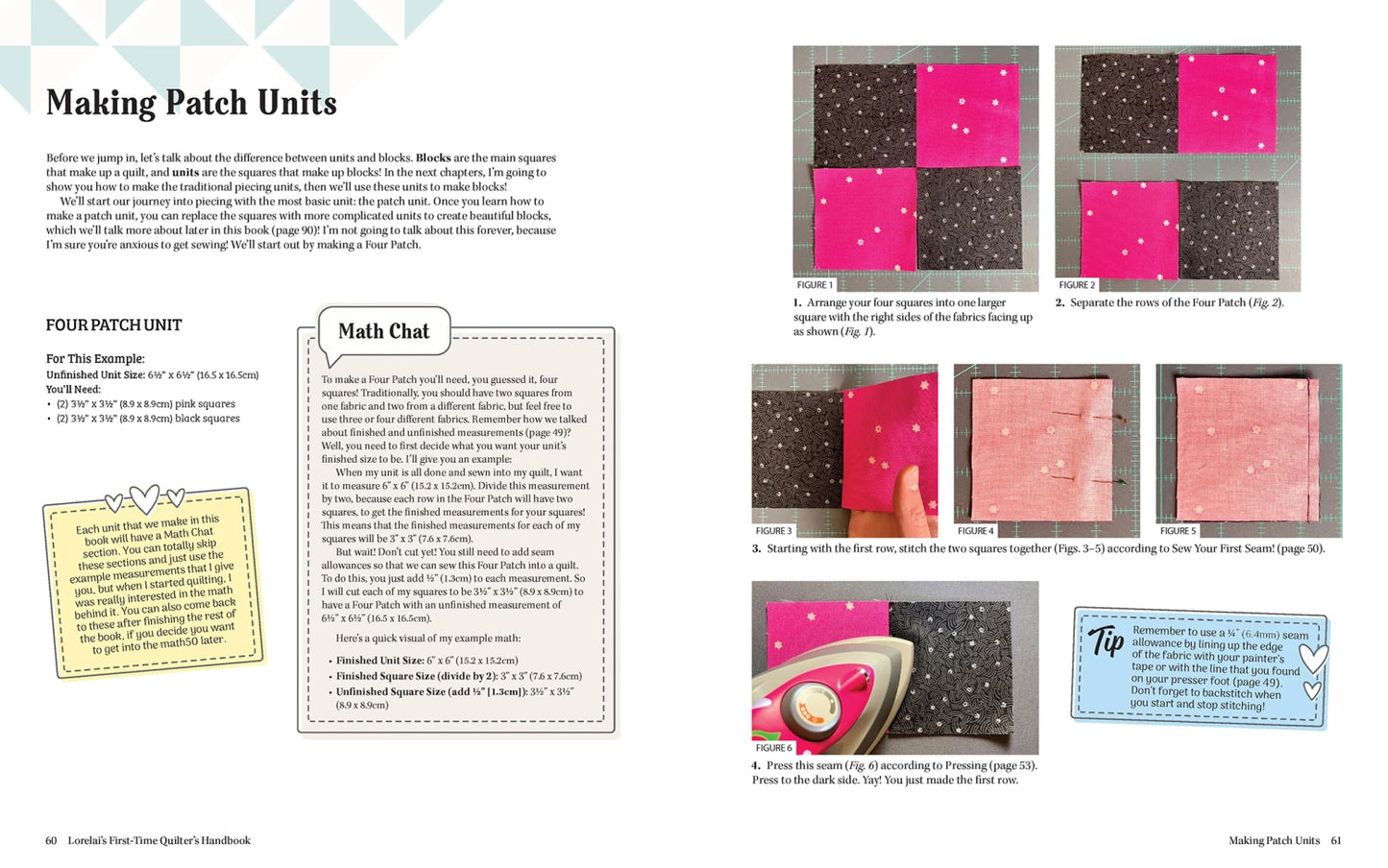 Lorelai's First-Time Quilter's Handbook by Checker Distributor is a two-page beginner guide with text and six step-by-step photos showing how to cut, join pink and gray squares, and create four patch units—ideal for modern quilting projects.