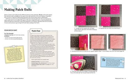 Lorelai's First-Time Quilter's Handbook by Checker Distributor is a two-page beginner guide with text and six step-by-step photos showing how to cut, join pink and gray squares, and create four patch units—ideal for modern quilting projects.