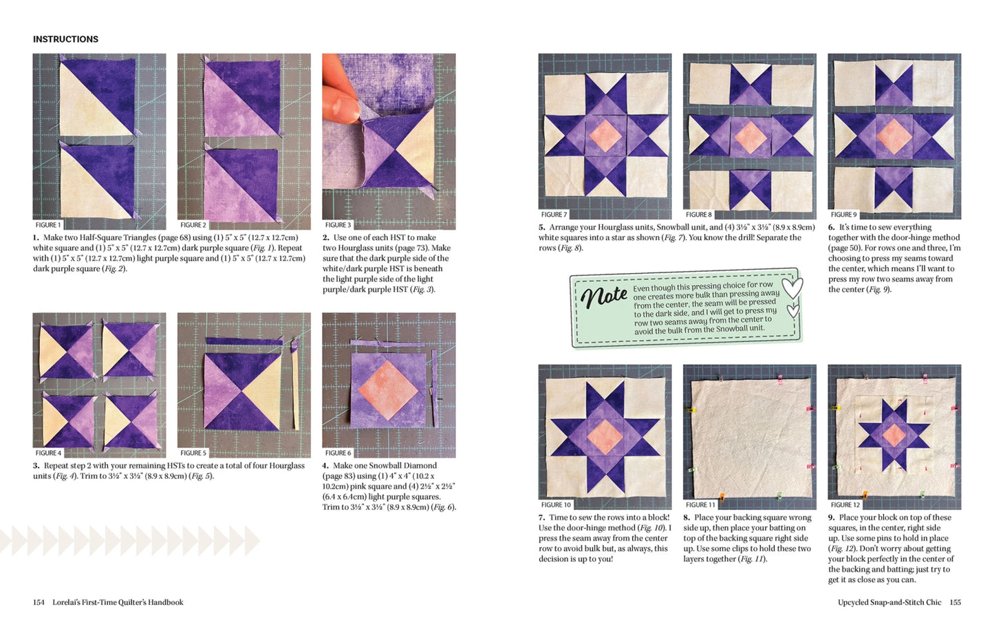 Lorelai's First-Time Quilter's Handbook from Checker Distributor features two-page instructional spreads with step-by-step photos, block diagrams, and green tip boxes—ideal for beginners sewing purple quilt blocks with precision.