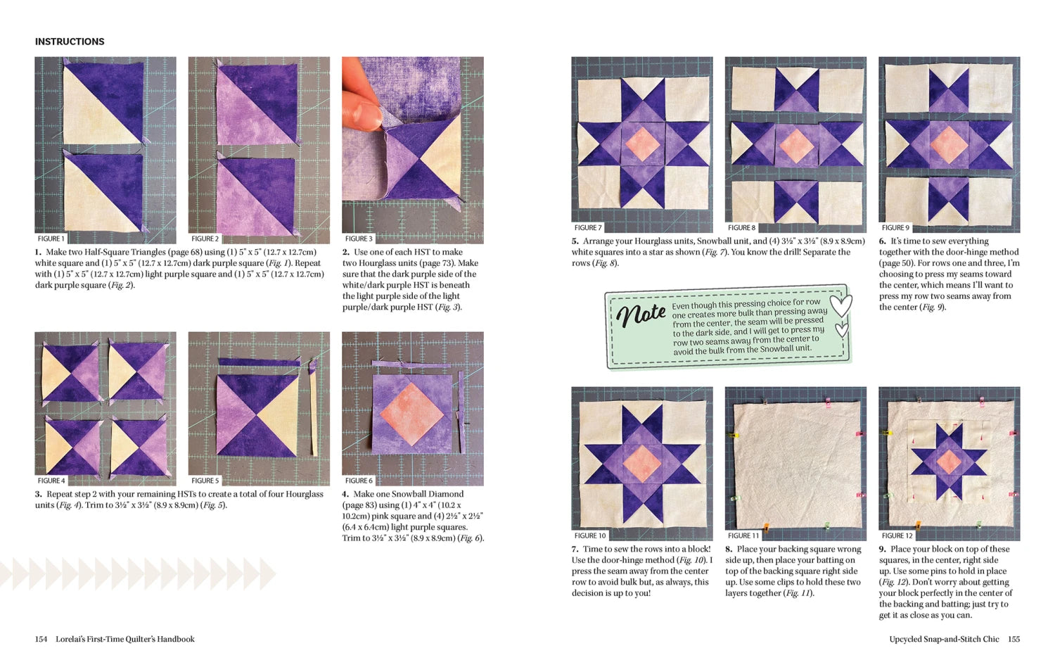 Lorelai's First-Time Quilter's Handbook from Checker Distributor features two-page instructional spreads with step-by-step photos, block diagrams, and green tip boxes—ideal for beginners sewing purple quilt blocks with precision.