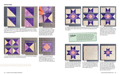 Lorelai's First-Time Quilter's Handbook from Checker Distributor features two-page instructional spreads with step-by-step photos, block diagrams, and green tip boxes—ideal for beginners sewing purple quilt blocks with precision.