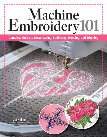 Machine Embroidery 101 beginner book front cover with embroidery design