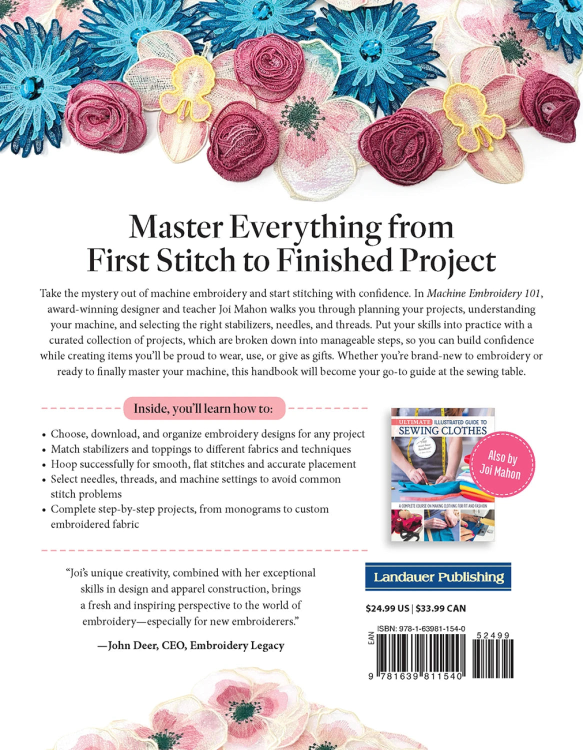 Machine Embroidery 101 book back cover with sample projects