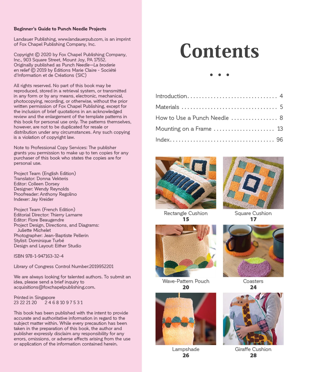 The Beginner's Guide to Punch Needle Projects contents page displays six vibrant finished items—cushions, pouch, glasses case, lampshade, and giraffe cushion—with their page numbers.