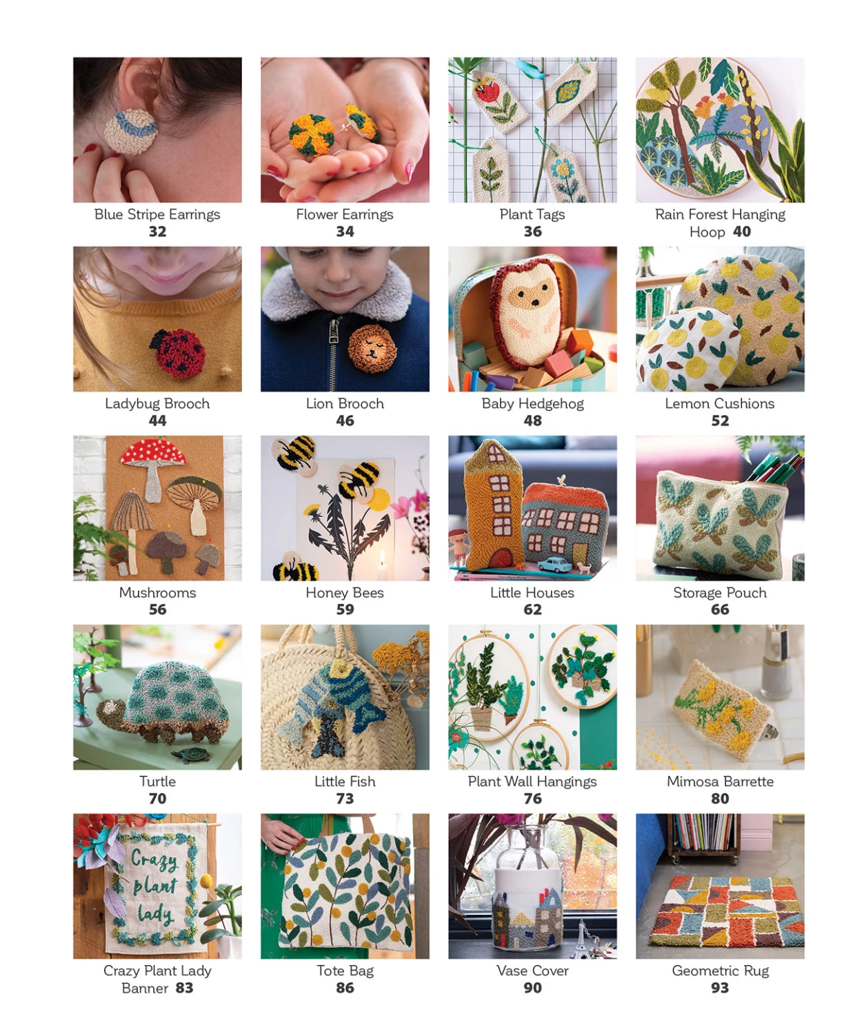 Beginner's Guide to Punch Needle Projects features 20 colorful, numbered punch needle projects—earrings, brooches, cushions, plush toys, pouches, wall hangings, totes, and decor—perfect for beginners seeking creative crafting inspiration.