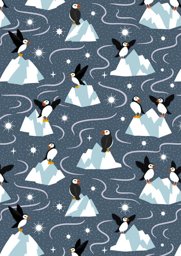 Where the Sky Dances Dark Blue Puffins Fabric Yardage - quilt fabric for sewing and quilting projects