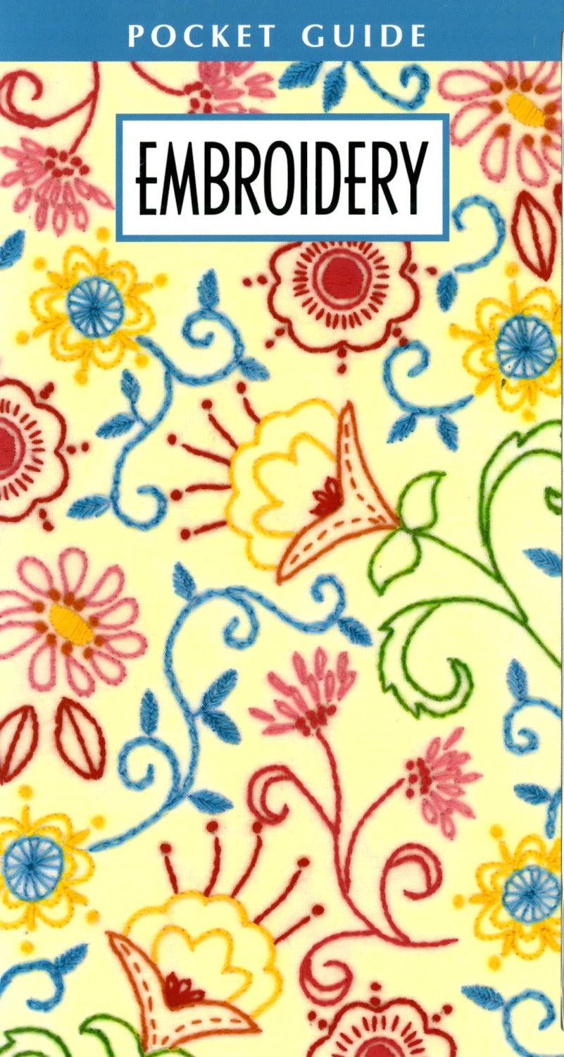 The Embroidery Pocket Guide by Checker Distributor features colorful floral embroidery on a light yellow cover, with red, blue, green, and yellow designs—an ideal stitch guide for embroidery enthusiasts.