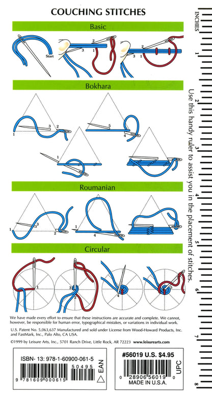 The Embroidery Pocket Guide by Checker Distributor features step-by-step illustrations of Basic, Bokhara, Roumanian, and Circular stitches with blue and red thread, showing needle movement on a white background.
