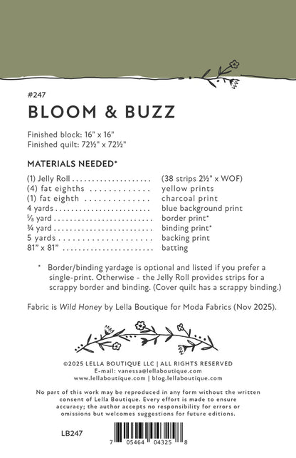 Bloom & Buzz Quilt Pattern instructions list fabric requirements, border and binding yardage notes, and copyright info—all on a white background with black text.