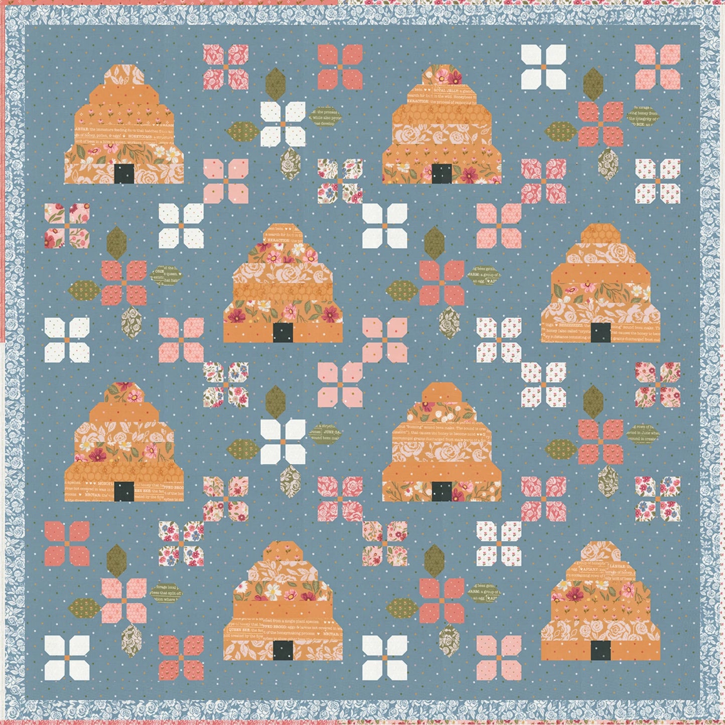 The Bloom & Buzz Quilt Pattern features a blue background with vintage patchwork of orange beehives, white and pink flowers, and green leaves, finished with a floral blue and white trim—perfect to add farmhouse charm to any space.
