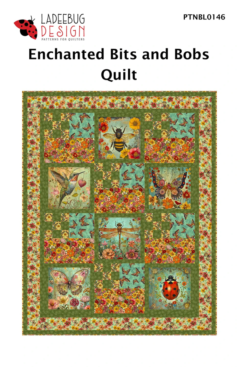 The Enchanted Bits and Bobs Quilt Pattern by Checker Distributor features blocks with floral motifs and insects like bees, butterflies, and ladybugs, framed in a green floral border. Inspired by the Enchanted Canopy quilt pattern.