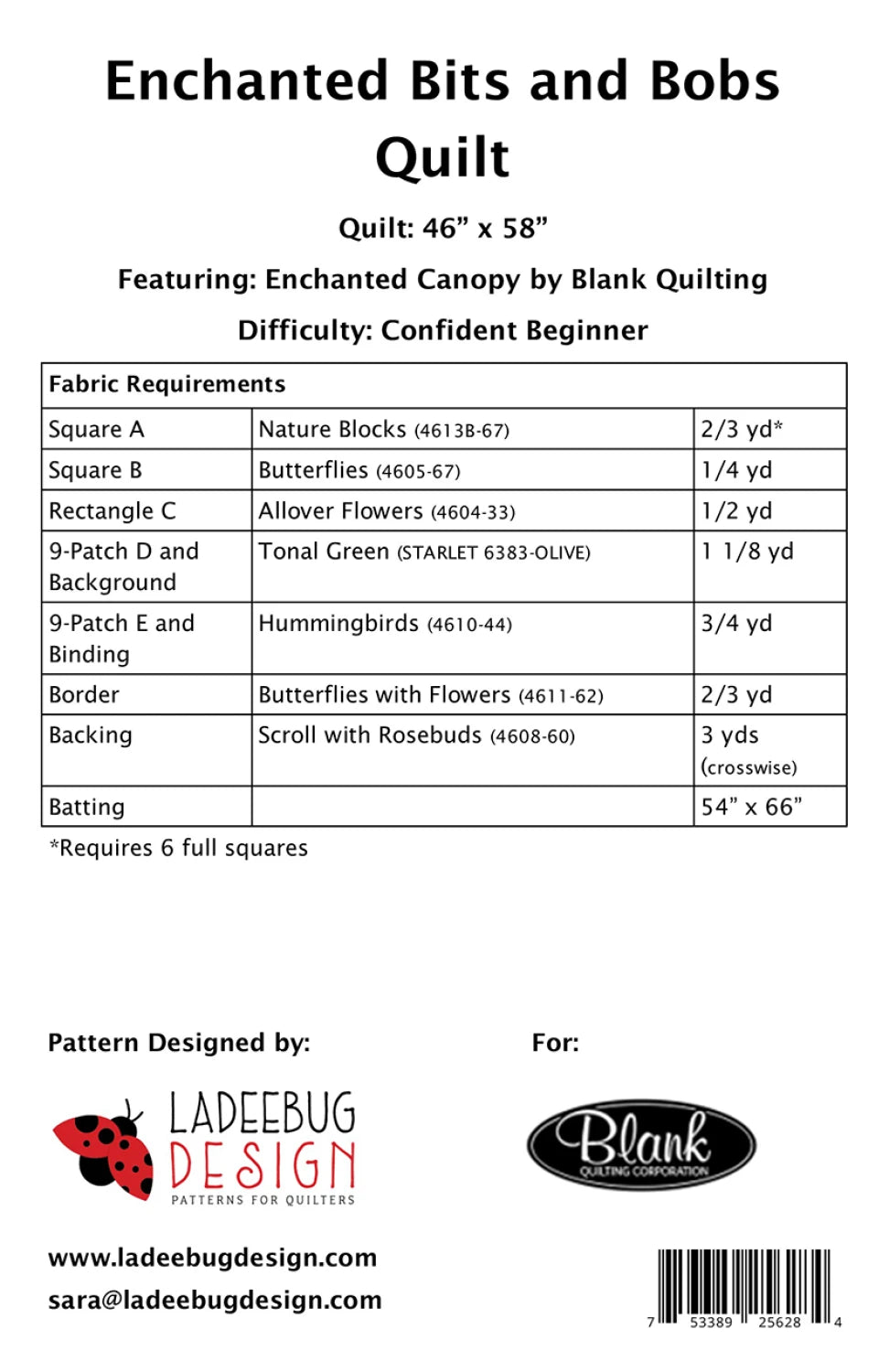 The Enchanted Bits and Bobs Quilt Pattern chart from Checker Distributor features an Enchanted Canopy block panel and lists fabric types, amounts, and features for a 46x58 quilt. Designer info, logos, and contact details are included at the bottom.