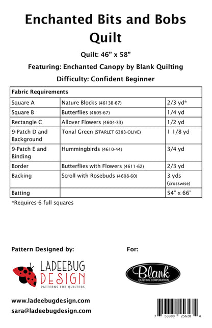 The Enchanted Bits and Bobs Quilt Pattern chart from Checker Distributor features an Enchanted Canopy block panel and lists fabric types, amounts, and features for a 46x58 quilt. Designer info, logos, and contact details are included at the bottom.