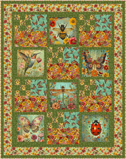 The Enchanted Bits and Bobs Quilt Pattern by Checker Distributor features block panels with vibrant flowers, butterflies, a bee, a hummingbird, and a ladybug on scenic backgrounds with a green floral border—ideal for an Enchanted Canopy theme.