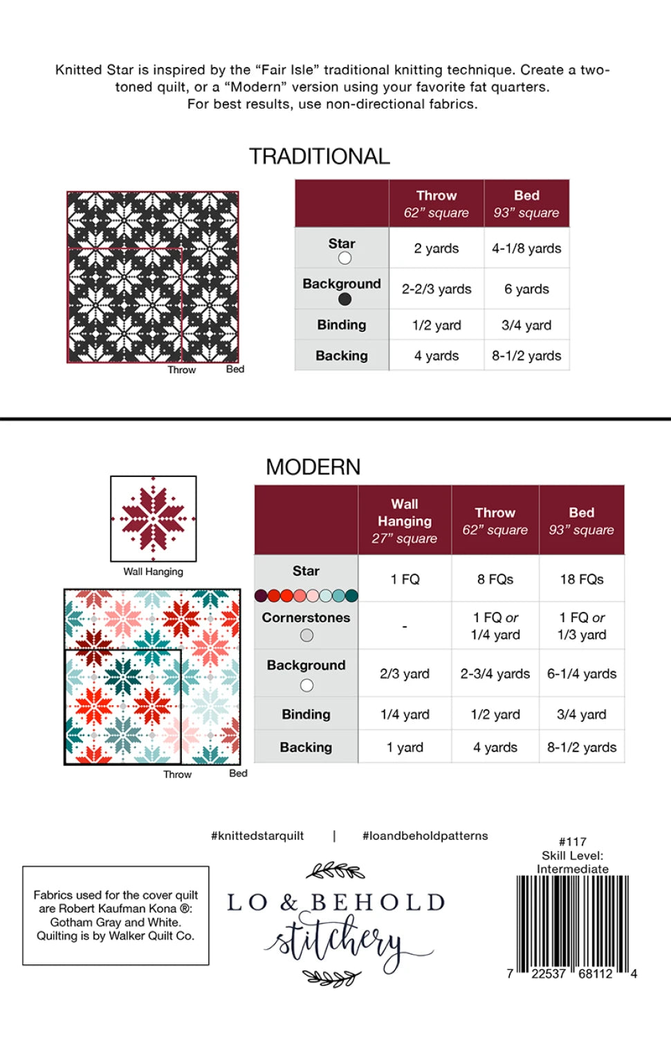 Knitted Star is a quilt pattern guide with traditional and modern design options, fabric requirements (including fat quarters) for wall, throw, and bed sizes, plus illustrations of star and geometric motifs.
