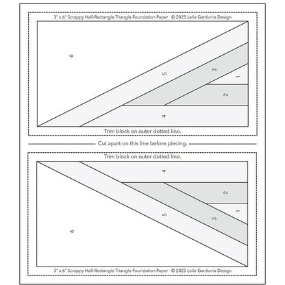 The Scrappy Half-Rectangle Triangle Foundation Paper includes two rectangular templates, each split into five labeled sections by diagonal lines, with trimming and cutting instructions printed above and between the templates.