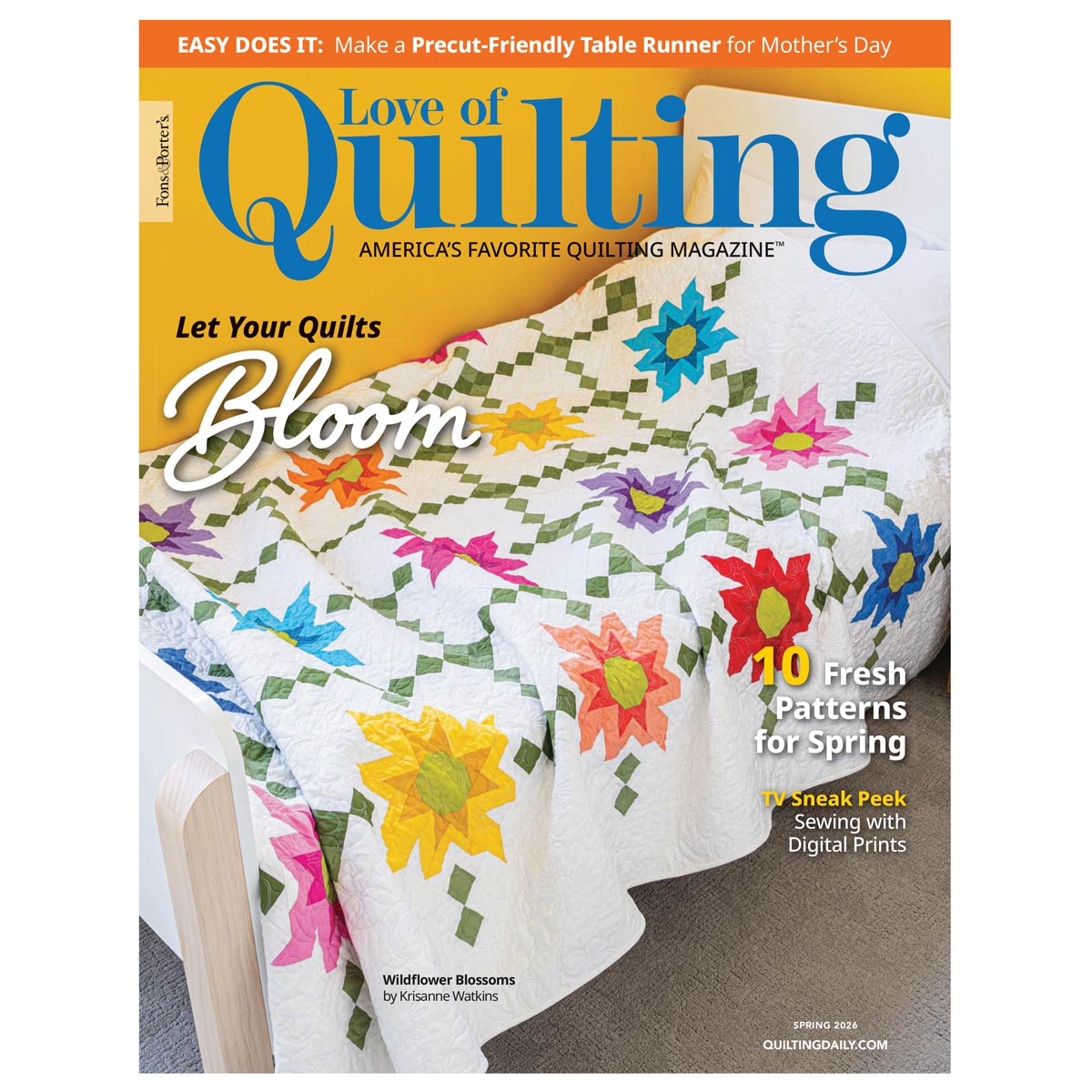 The Autographed Love of Quilting Magazine Spring 2026 by Golden Peak Media features a white quilt with colorful flower patterns, including the Lavender Roads Quilt, plus spring patterns and digital print sewing tips.