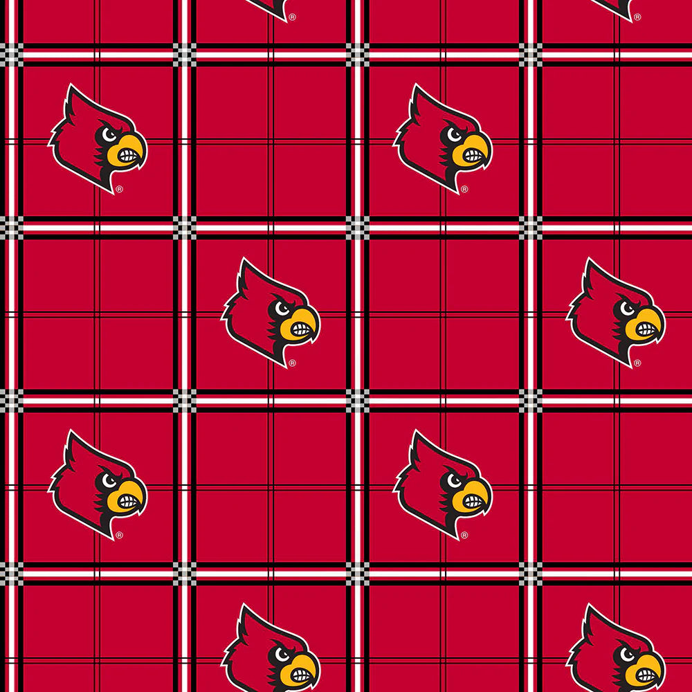 University of Louisville Plaid Flannel Fabric Yardage by Benartex features a red plaid with black and white lines, plus repeating red cardinal head logos with yellow beaks in each square, creating a bold collegiate look.