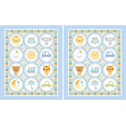 The Riley Blake Special Delivery Double Lush Velvet Set includes two 36" panels with a grid of circles featuring charming animals, suns, moons, cars, and trains on pastel stripes—ideal for cozy nursery décor or crafts.