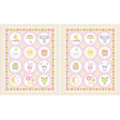 The Riley Blake Bundle of Joy Double Lush Velvet Set includes two 36" panels with pastel polka-dot and stripe borders, featuring cute animals and objects on white—perfect for your little one's nursery.