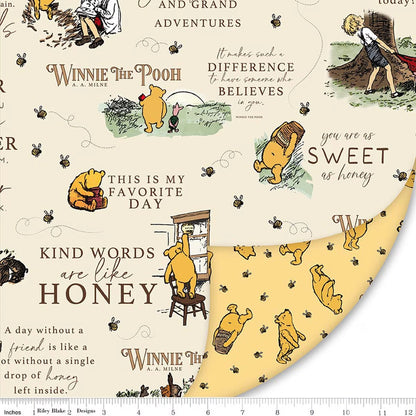 The 58" Winnie the Pooh Double Lush Velvet Fabric by Riley Blake features charming illustrations of Pooh, friends, honey pots, bees, and quotes on cream with a yellow reverse. A ruler shows scale.