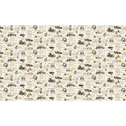 The 58" Winnie the Pooh Double Lush Velvet Fabric by Riley Blake features a whimsical repeating pattern of Pooh characters, honey pots, balloons, and playful quotes on light beige. Perfect for nostalgic and cozy projects.