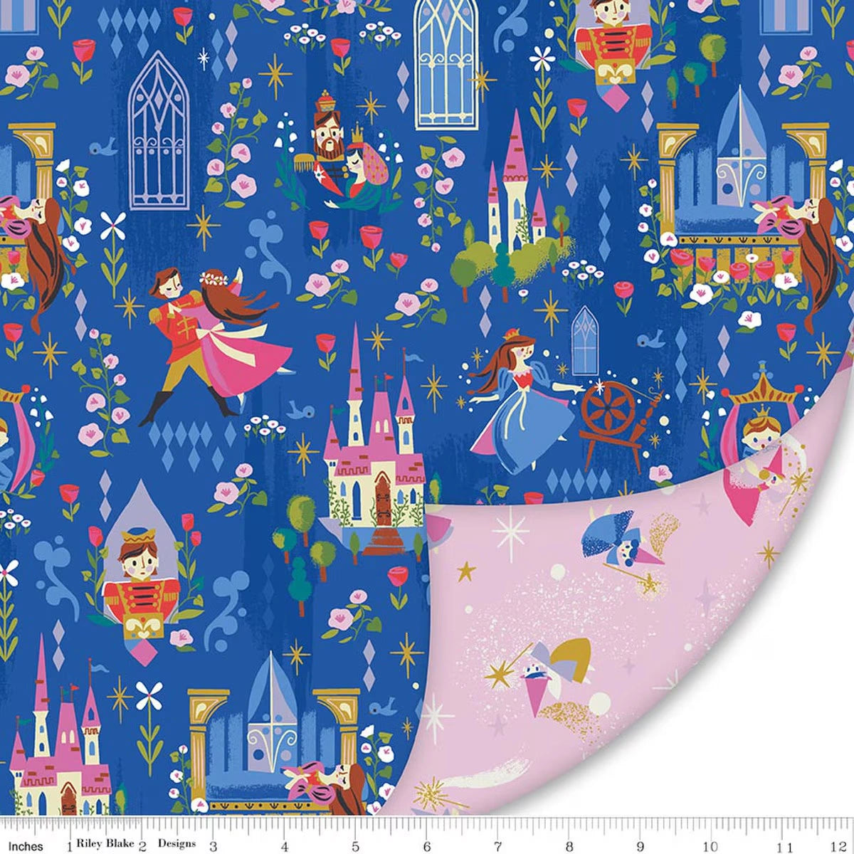 The 58" Sleeping Beauty Double Lush Velvet Fabric by Riley Blake features princesses, princes, and castles on a blue background, with a pink plush reverse side decorated with stars, crowns, and fairy-tale accents.