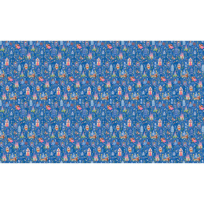 Featuring a colorful, whimsical pattern of castles, princesses, dragons, hearts, and stars on blue, the 58" Sleeping Beauty Double Lush Velvet Fabric by Riley Blake is perfect for plush projects with a playful fairytale theme.