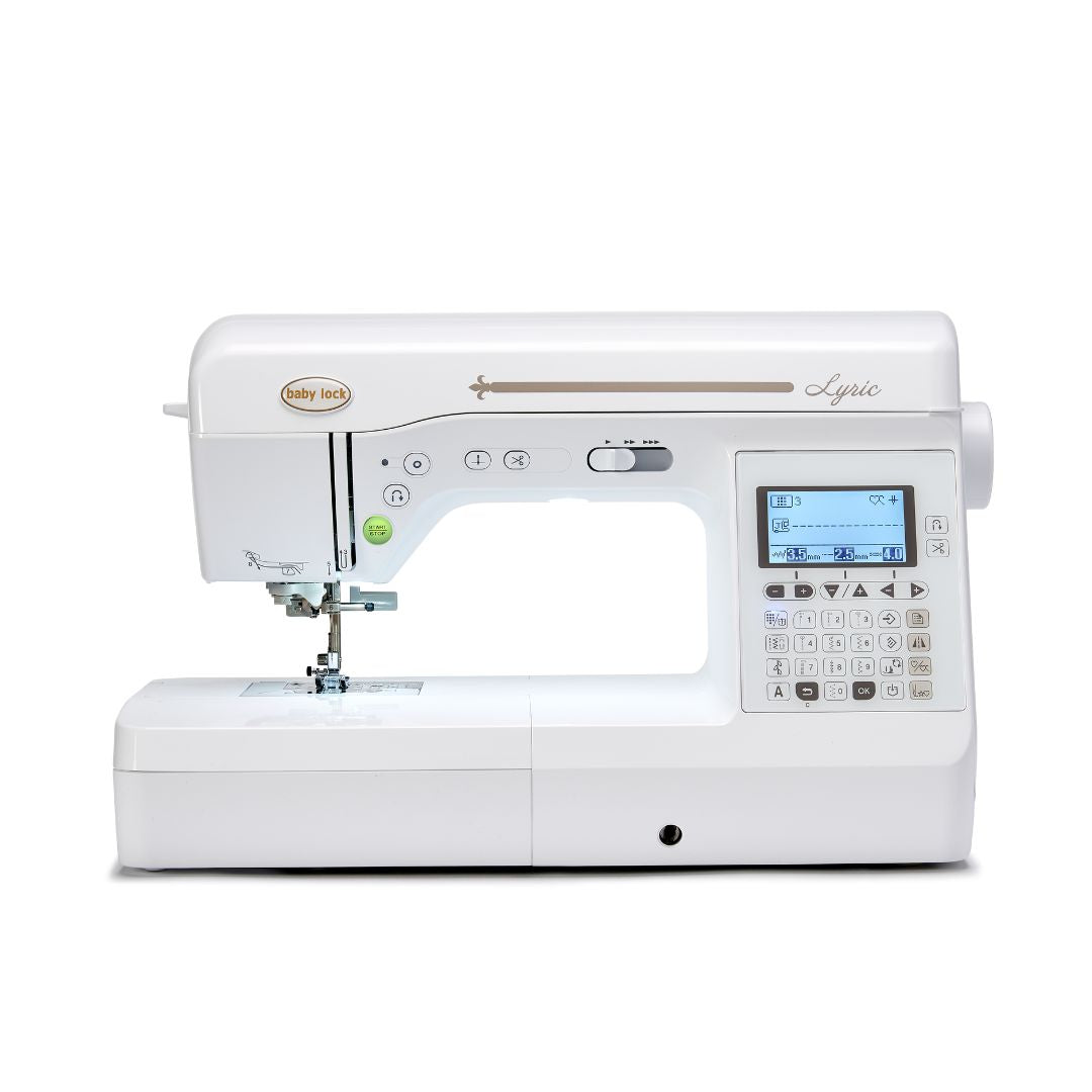 A white Baby Lock Lyric Sewing and Quilting Machine features an LCD screen, multiple buttons, and built-in stitches on the front panel.