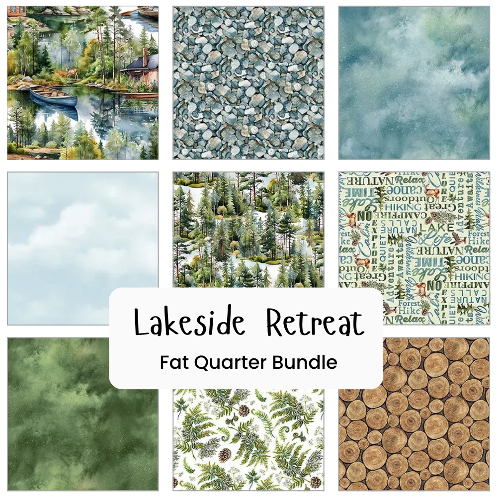 The Northcott Lakeside Retreat Fat Quarter Bundle includes nine square fabric swatches, each with nature-inspired patterns such as forests, pinecones, logs, trees, water, and woodland-themed phrases.