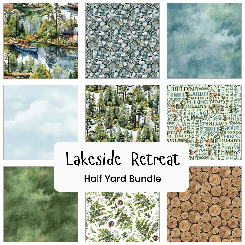 A collage of nine square fabric patterns from Northcott's Lakeside Retreat Half Yard Bundle features lakeside and forest motifs—trees, water, rocks, pinecones, words, and wood slices—with the product name centered.