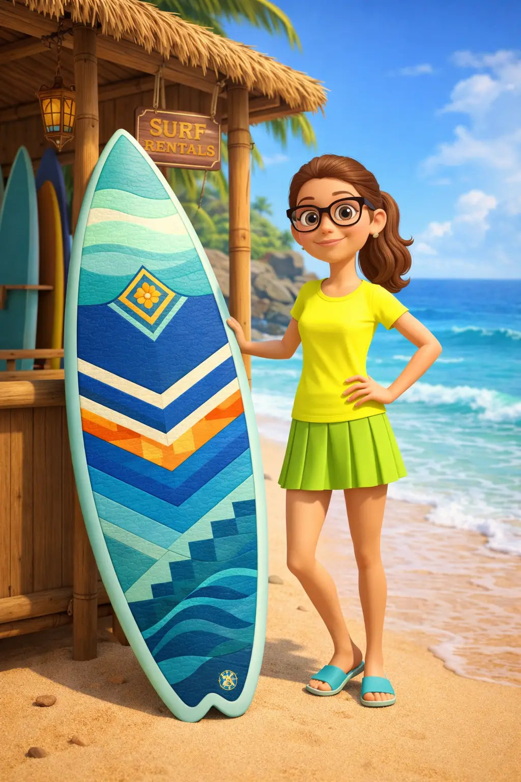 A smiling animated girl in glasses, a yellow shirt, and green skirt stands by a colorful surfboard in front of a surf rental hut on a sunny tropical beach. Waves and palm trees are visible in the background.